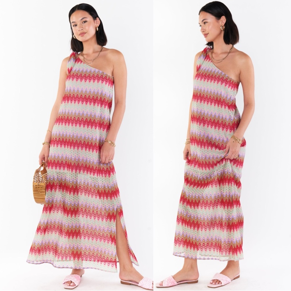 Show Me Your Mumu One-Shoulder Zigzag Midi Dress in Pink, Red & Cream